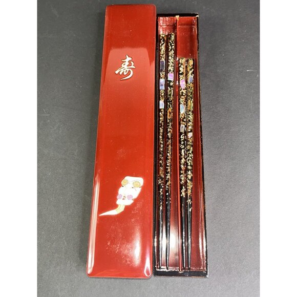 Japanese Chopsticks In Red Enamel Case Boxed Fan Original 2 Set Tachikawa Japan - Picture 9 of 16